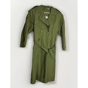 VINTAGE Otello Pelle Trench Coat Womens 9/10 Green Military‎ Lagenlook Flowy